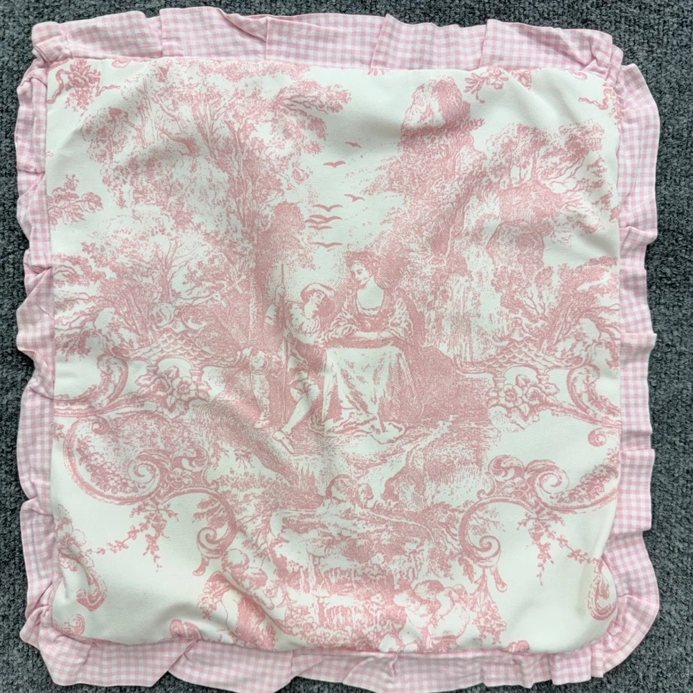 Pillow Cover Home 16x16 Pink Toile Gingham Ruffle Cottagecore Decor Nursery